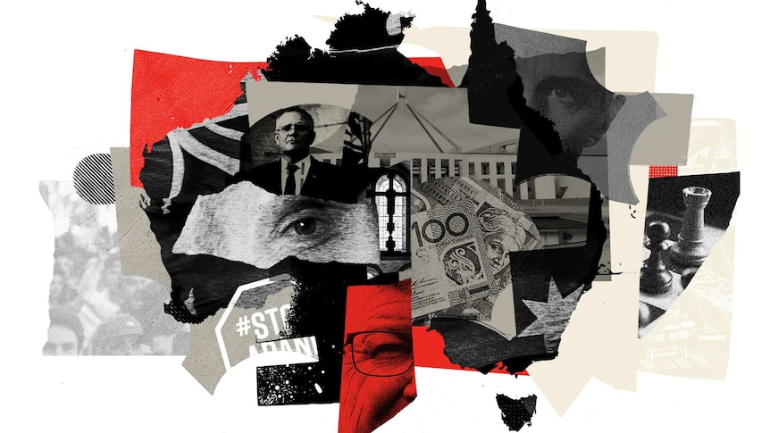 An artwork of Australia featuring Prime Minister Scott Morrison and images of parliament, bank notes and a chess piece.