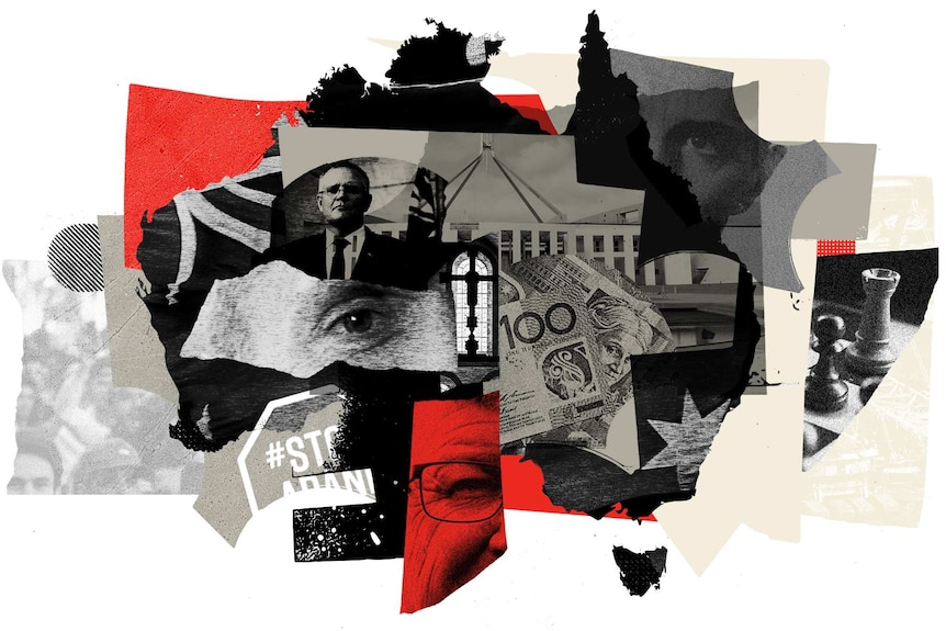 An artwork of Australia featuring Prime Minister Scott Morrison and images of parliament, bank notes and a chess piece.