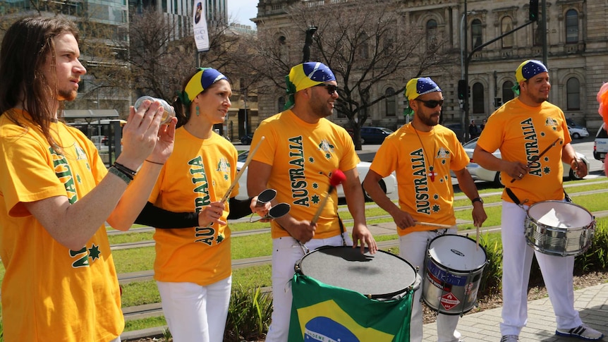 Drummers dressed in Australia t-shirts