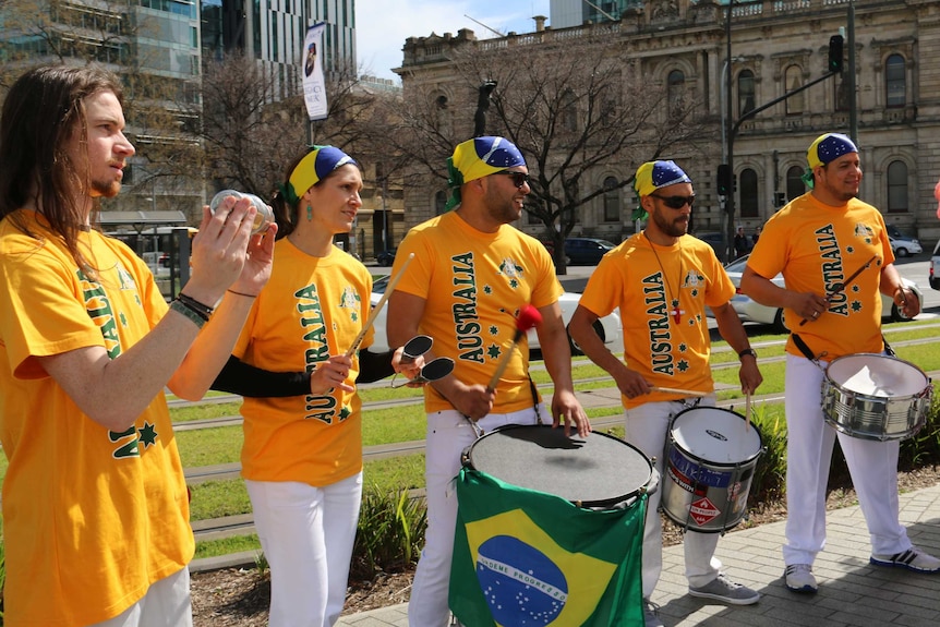 Drummers dressed in Australia t-shirts