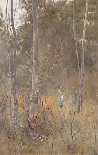 A painting of trees with a young girl standing still in the middle