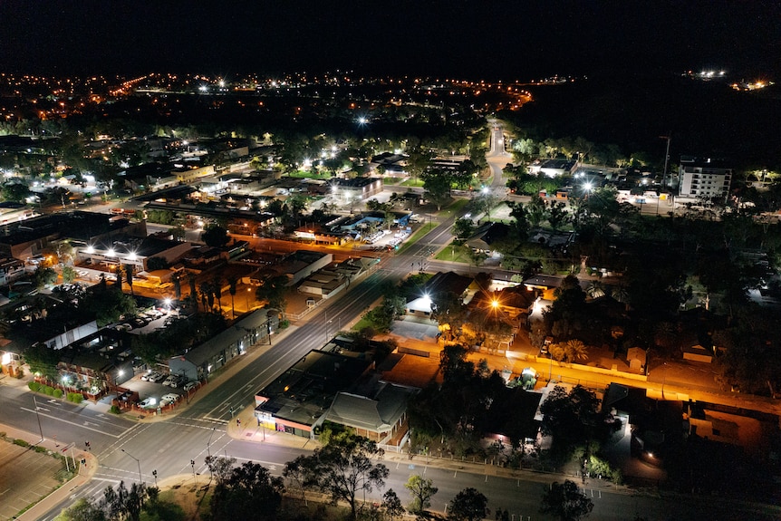 Aerial view of the town of Alice Springs at dusk.
