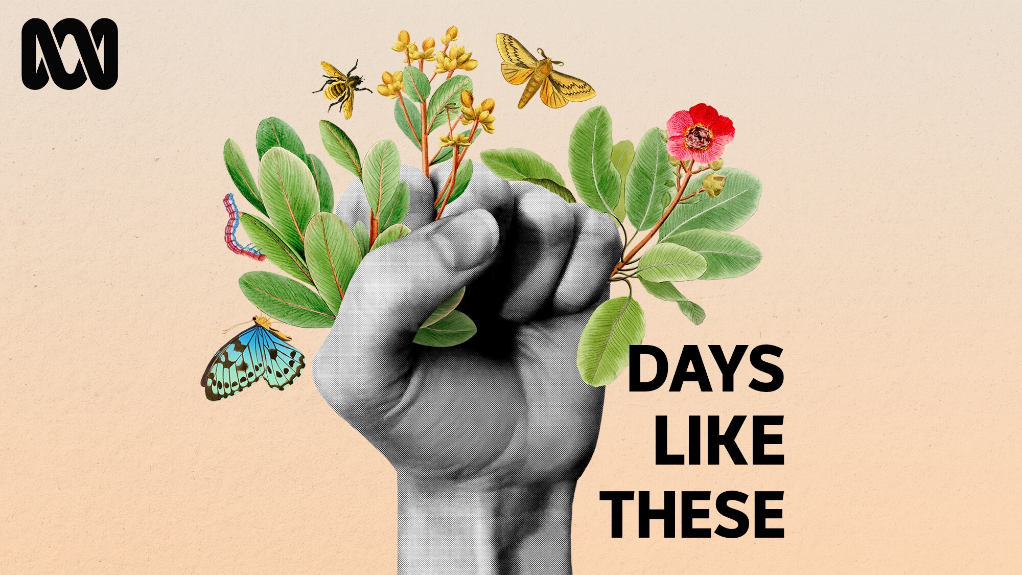 An illustration of a black and white hand grasping a plant, the words 'days like these' next to it