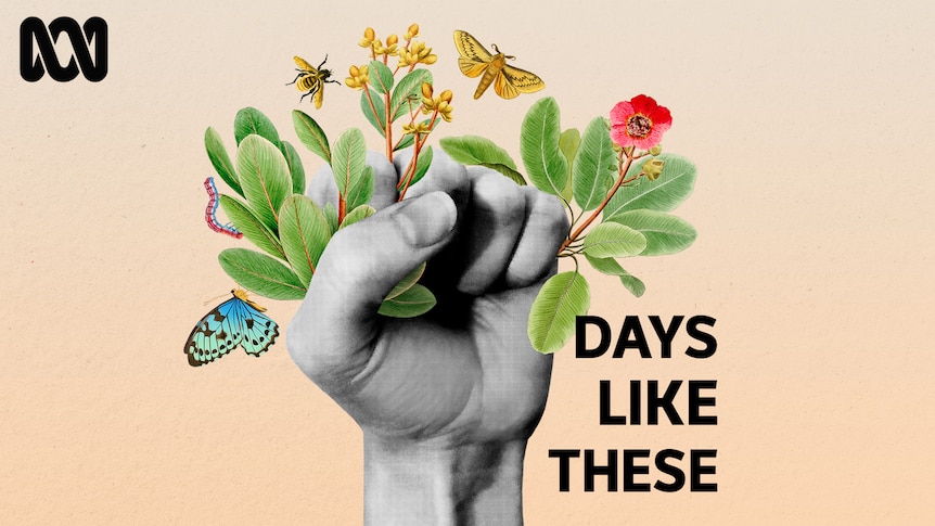 An illustration of a black and white hand grasping a plant, the words 'days like these' next to it
