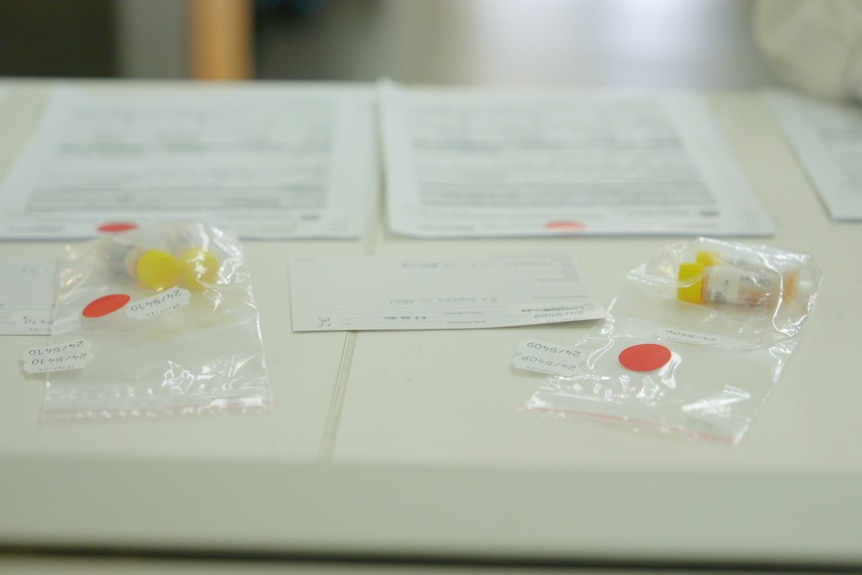 Small bags containing high risk specimens of avian flu marked with a red sticker.