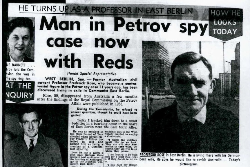 A newspaper article with the headline "Man in Petrov spy case now with Reds" and a photo of him in East Berlin.