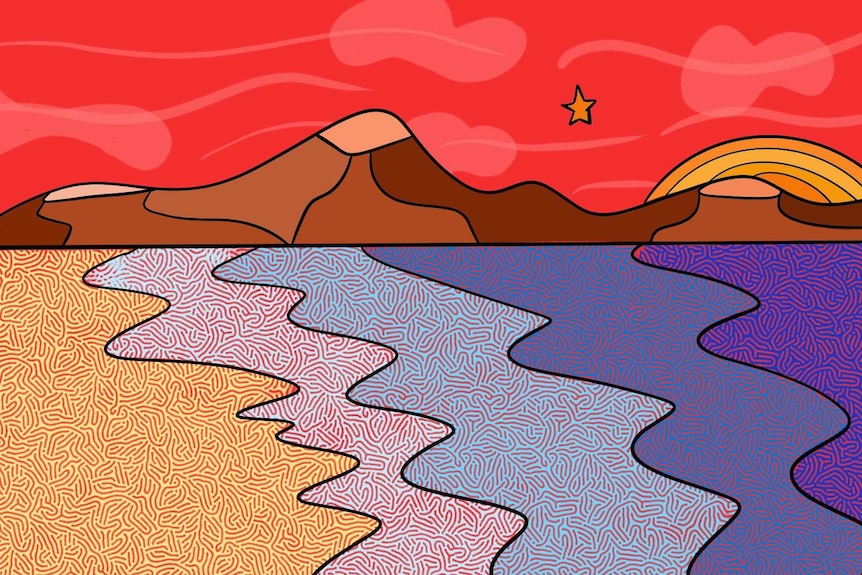 A colourful illustration of a beach