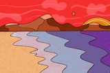 A colourful digital illustration of a beach