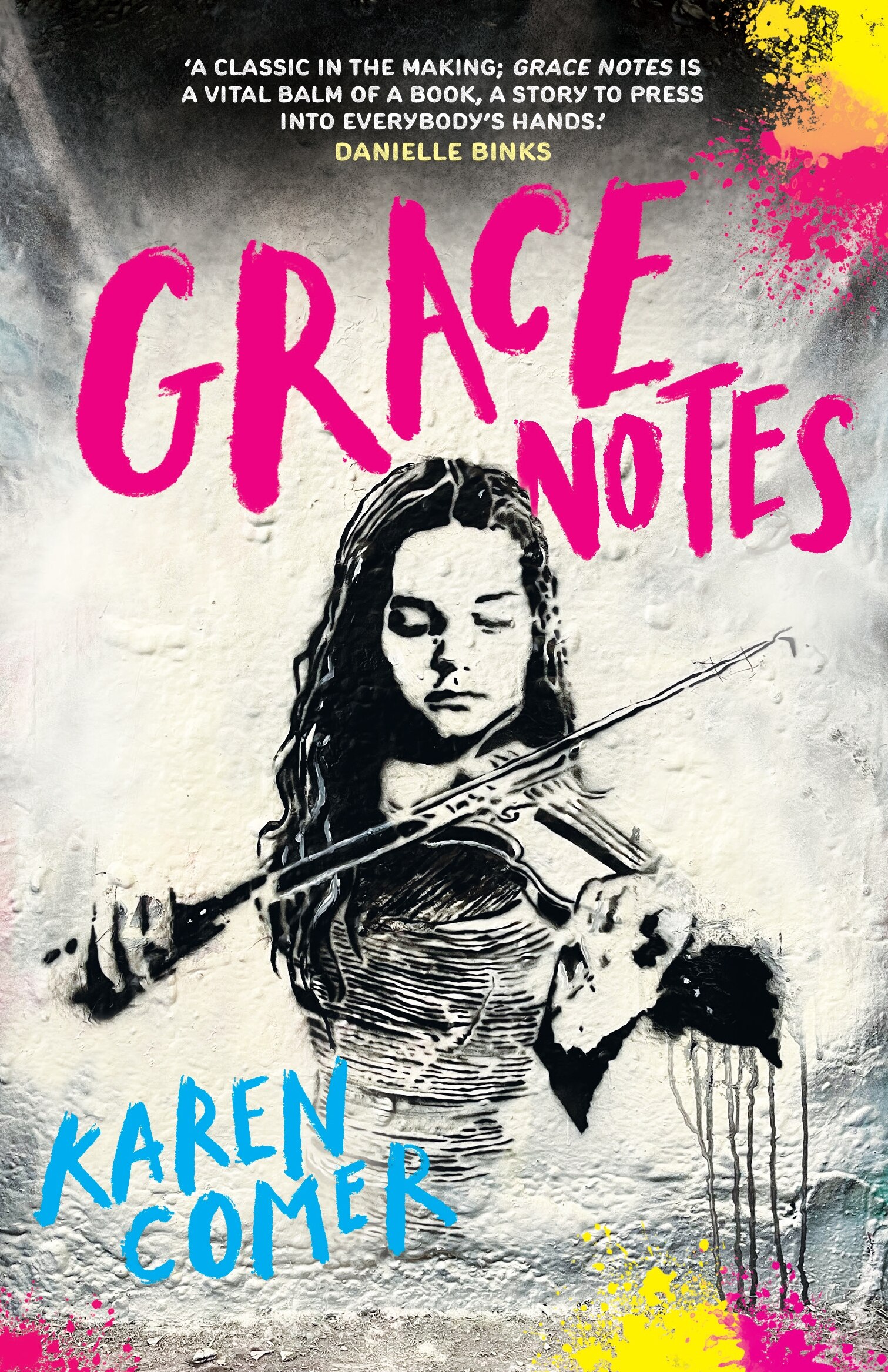 A book cover for Grace Notes by Karen Comer, featuring an illustration of a teenage girl playing violin.