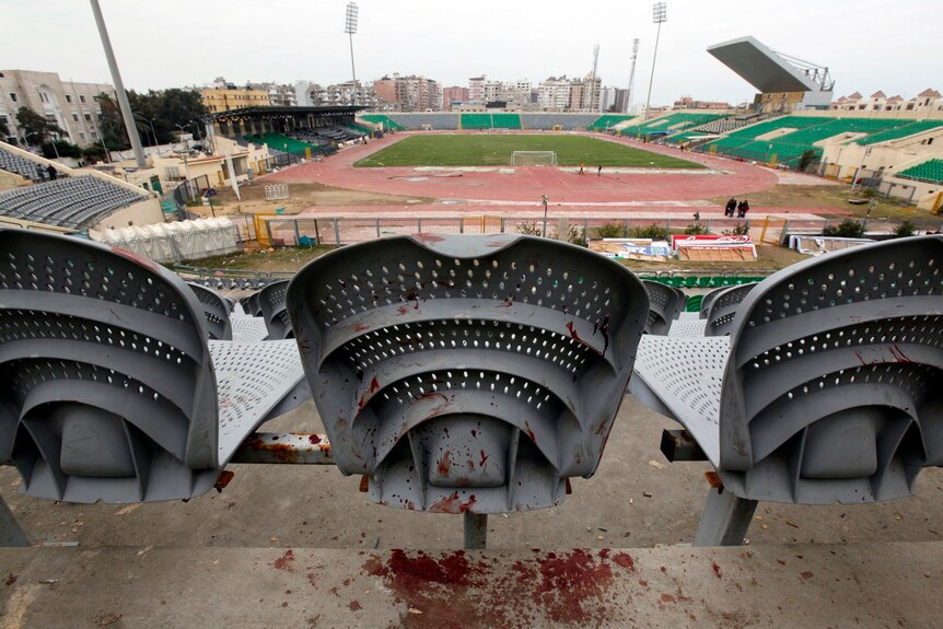Blood covers a chair in the stands at the Port Said stadium.