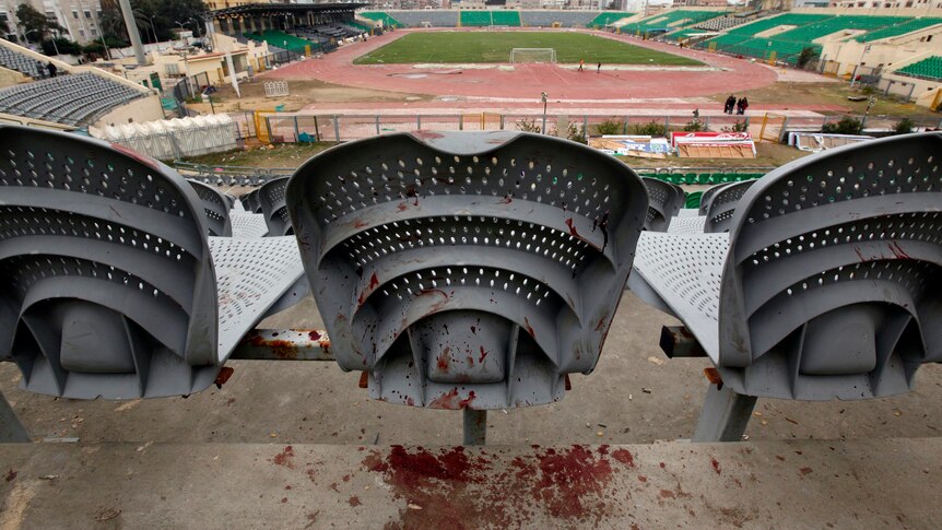 Blood covers a chair in the stands at the Port Said stadium.