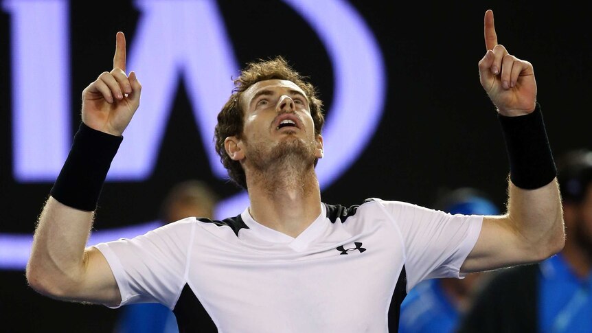 Britain's Andy Murray celebrates his 2016 Australian Open semi-final win over Milos Raonic.