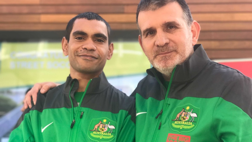 Australian Homeless World Cup soccer team player Jack Smith and Coach George Halkias, together on 25 August, 2017.