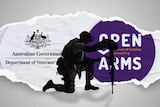 a graphic combining the DVA logo and Open Arms logo with a soldier kneeling in the middle