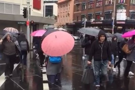 Commuters walking across road with umbrellas