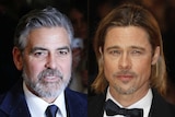 A composite image of actors George Clooney (left) and Brad Pitt (right) in formal wear.