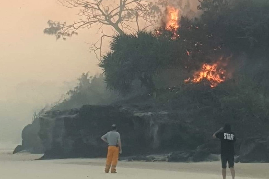 Fire burns near a beach as two people look on