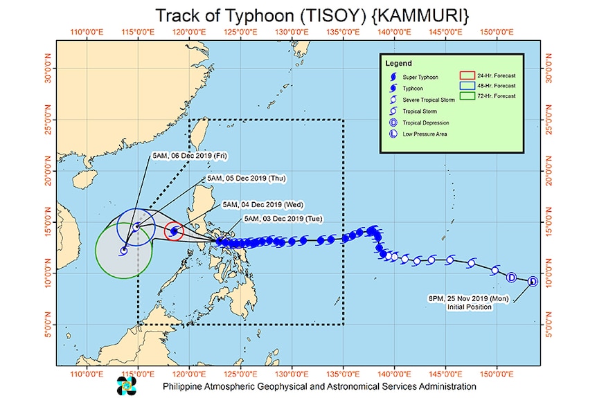 A map of a typhoon passing through the north-central Philippines.