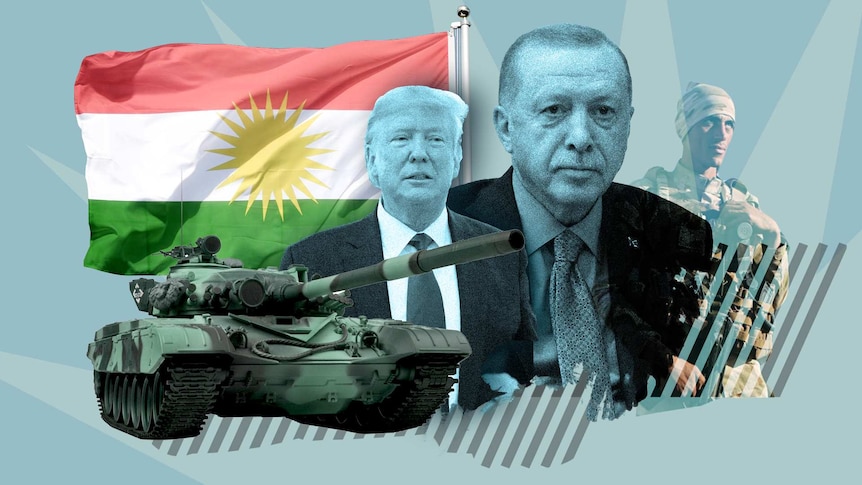 Illustration of Donald Trump, Recep Tayyip Erdogan, A Kurdish Soldier and military tank with the Kurdish flag in background.