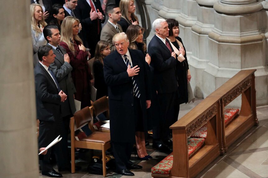 President Donald Trump, First Lady Melania, Mike Pence and wife Karen Pence at Washington's National Cathedral.
