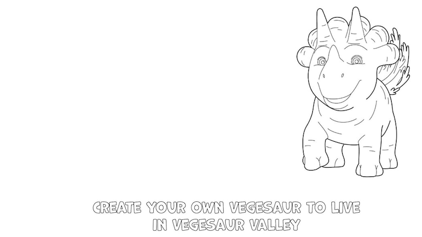 Line drawing of Ginger with the text "Create your own Vegesaur to live in Vegesaur Valley"