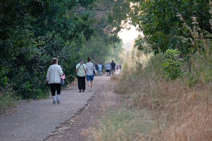 People walk on a path with forest on either side.