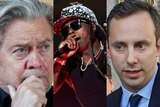 Composite image Steve Bannon looking concerned, Lil Wayne singing and Anthony Levandowski walking away from court house