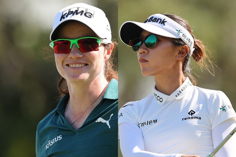 Composite photo of two female golfers, one smiling straight at the camera and the other pictured at the completion of a shot.