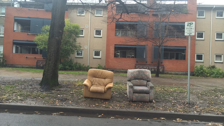 Two discarded armchairs under a tree, outside apartments on a Canberra street.