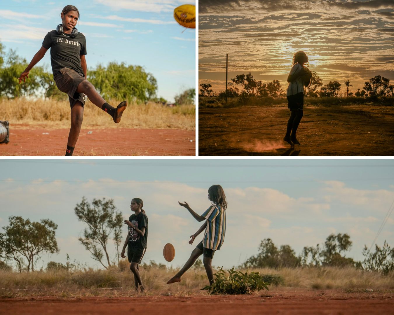 Players kicking balls at sunset