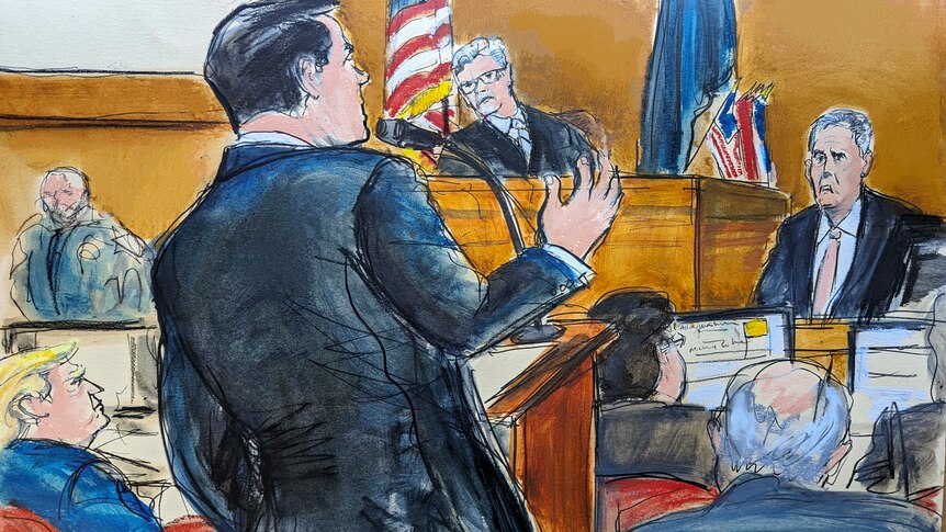 A courtroom sketch shows a glum-looking Michael Cohen on the stand being questioned as a seated Donald Trump looks on