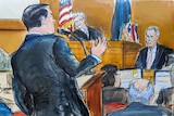 A courtroom sketch shows a glum-looking Michael Cohen on the stand being questioned as a seated Donald Trump looks on