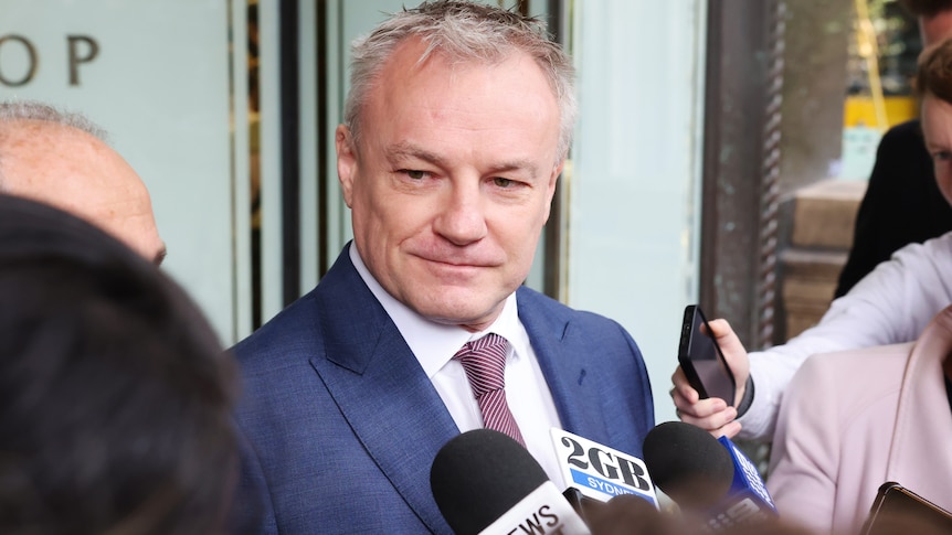 A middle-aged man in a blue suit speaks to media, holding microphones, at a scrum outside court.