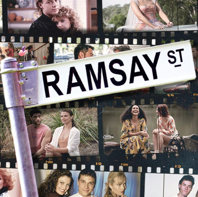 A collage of images of TV soap Neighbours, with a Ramsay Street sign in the middle