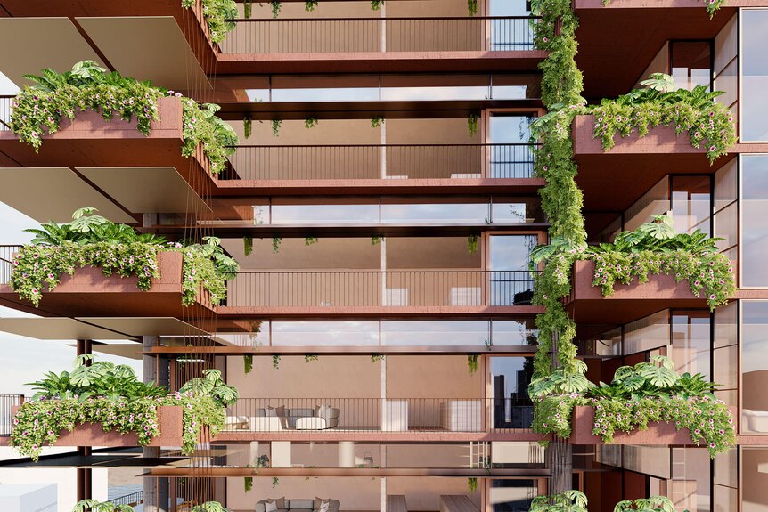 A concept image of an apartment tower with greenery and open areas.
