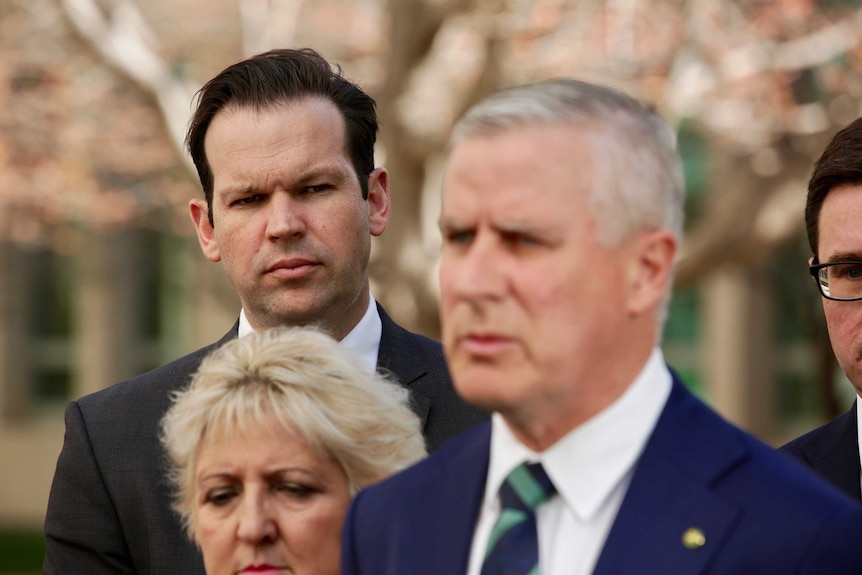 Senator Matt Canavan looks at National leader Michael McCormack at a doorstop