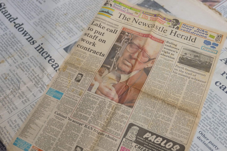 Steve Simpson on the front page of the Newcastle Herald in 1989 celebrating 70 years of being a bootmaker 