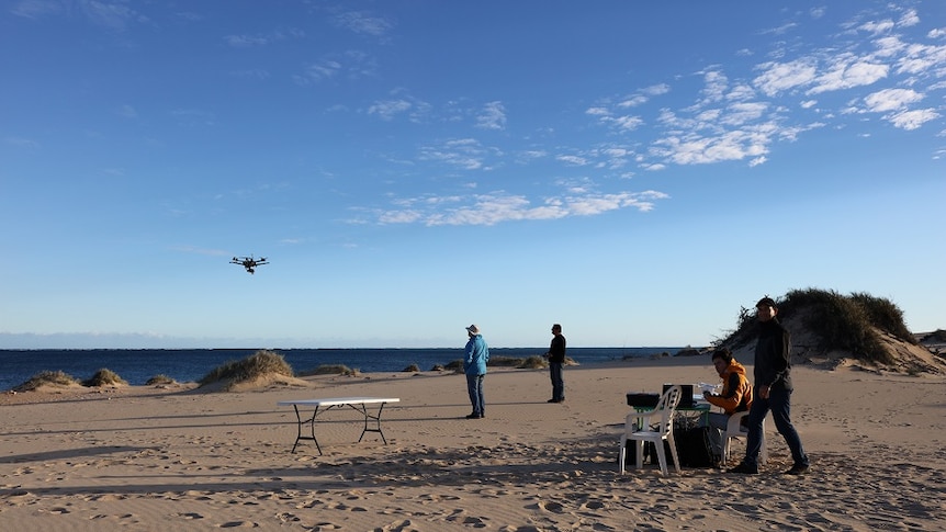 The QUT launches the drone to monitor Ningaloo Reef.