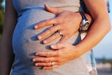 A man and woman's hands cradle the woman's pregnant belly.