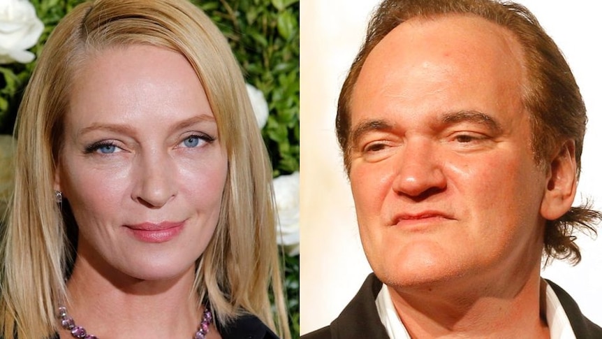 Composite headshots of Uma Thurman and Quentin Tarantino.