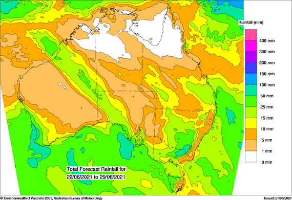 Map of Australia with green slash through the middle and hugging the southern coasts indicating forecast rain