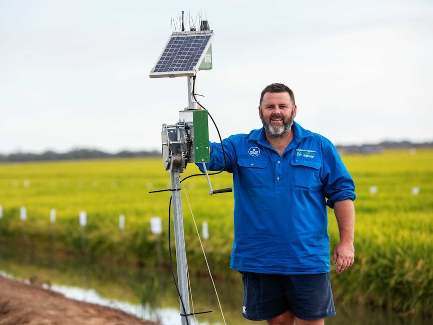 A man standing in a rice field with water saving technology, including monitors and sensors.