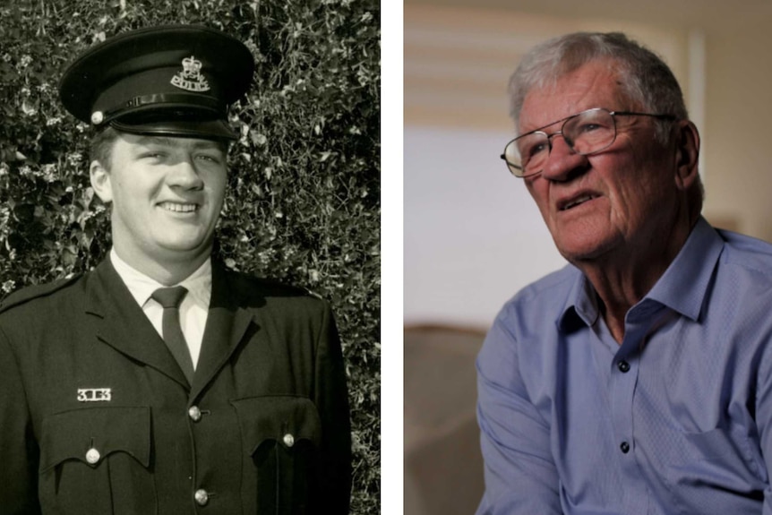 Two portraits of a man when he was young and now. In one photo he is wearing police uniform
