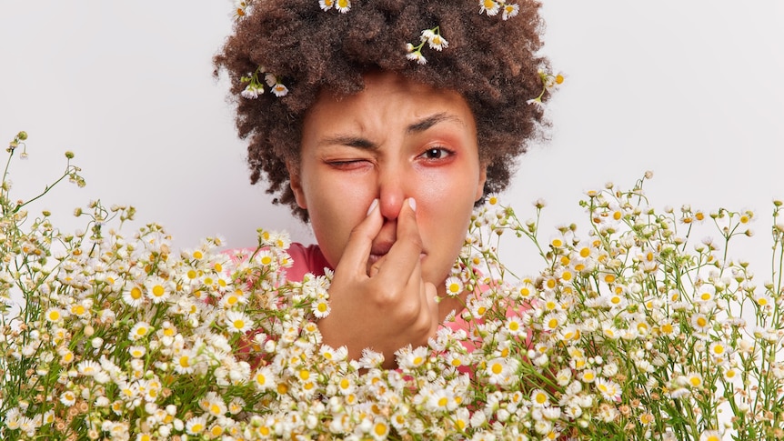 A young woman with reed eyes, holding her nose among small white flowers