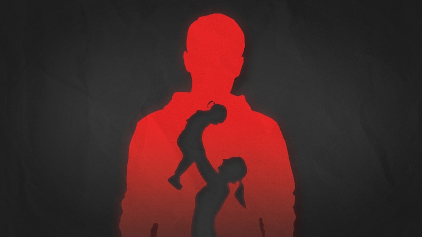 A black graphic showing a man's silhouette in red, with a black image of a small girl held up by a woman