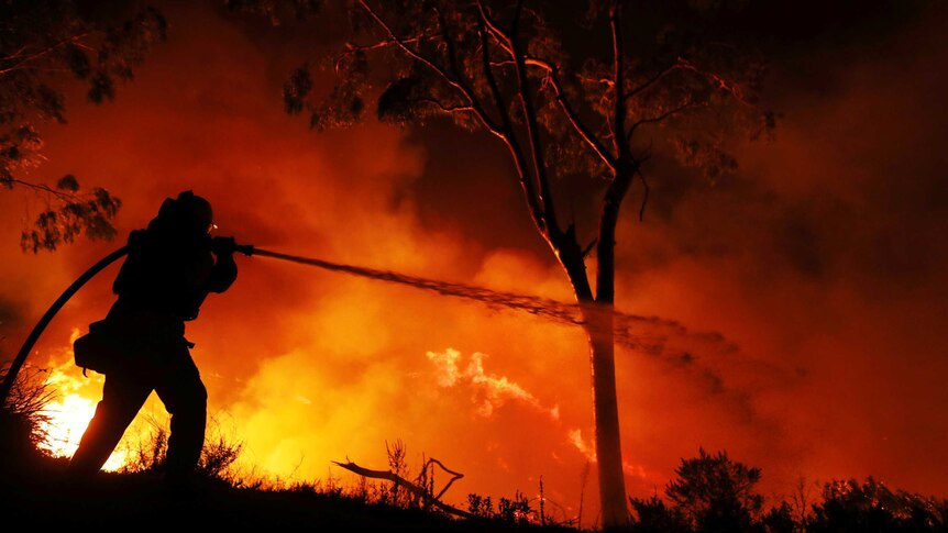 A firefighter is silhouetted spraying water on flames.
