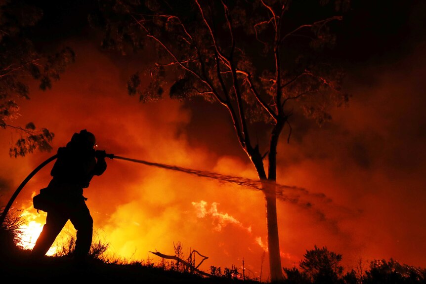 A firefighter is silhouetted spraying water on flames.