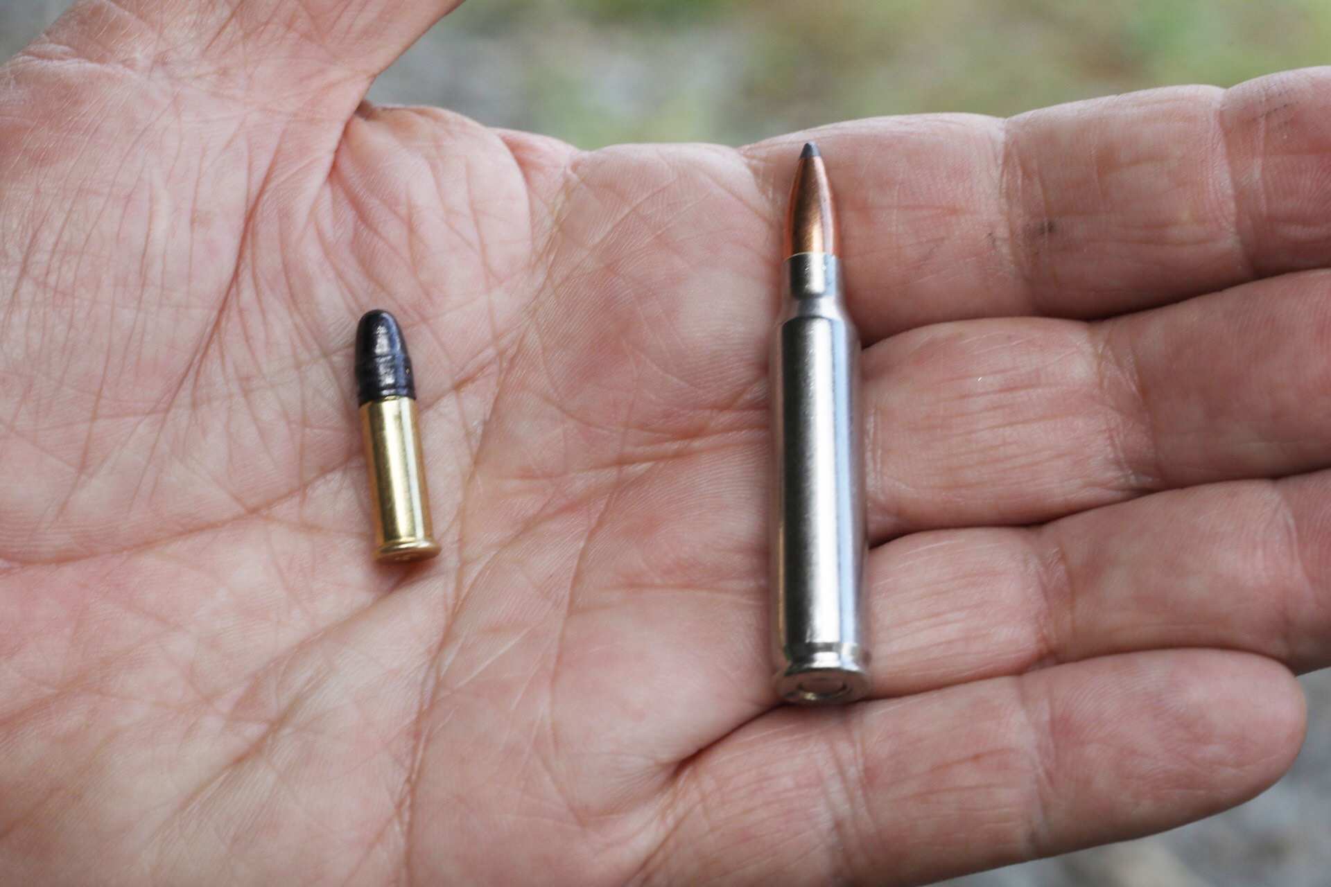 Mão segurando uma munição calibre .22 e um cartucho de calibre maior, para efeito de comparação.