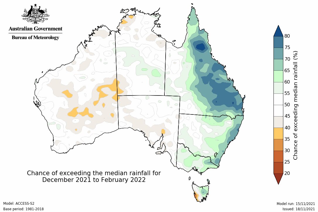 A map of Australia with green and blue highlights over the east indicating a high chance of above median rainfall.