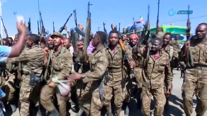 You view a swarm of soldiers dancing with AK-47 machine guns pointed upward to a blue sky.